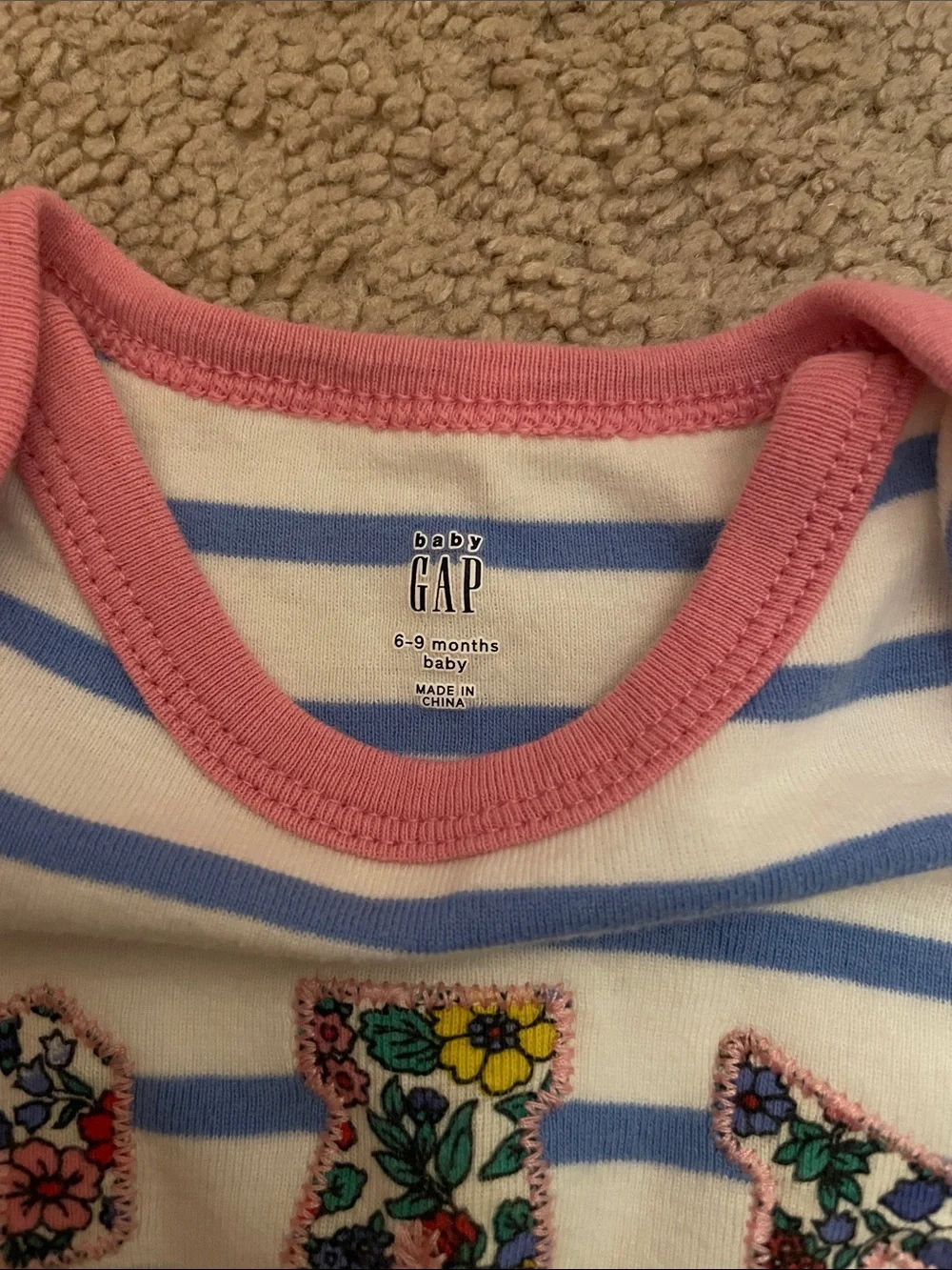 GAP White and Light Blue Striped Infant Footie with Floral Logo